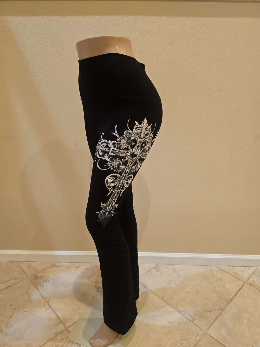 Black Leggings with White Ornate Cross Print - Women